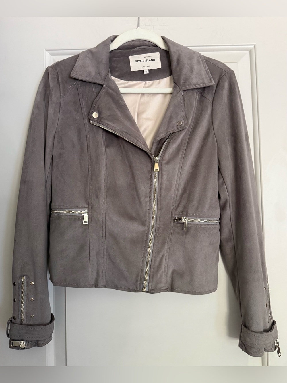 River Island Grey Faux Suede Biker-Style Jacket, US 6